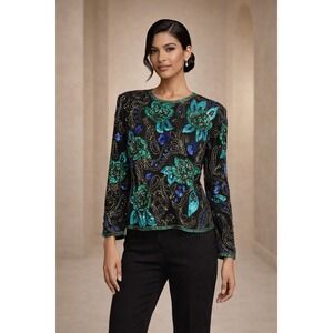 Vintage Scala Silk Beaded Sequin Top XL Art Deco Cocktail Glam Maximalist Resort